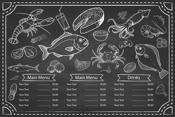 Restaurant menu enriched with shrimps, crabs, calamari and fish. Contains hand-drawn details.