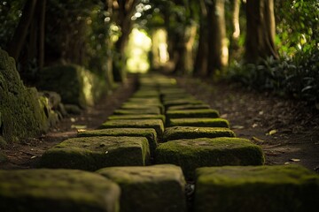 Moss-covered stone path through a lush forest