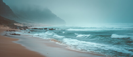 Misty morning beach ocean waves rocky coastline sandy shore tranquil overcast serene landscape