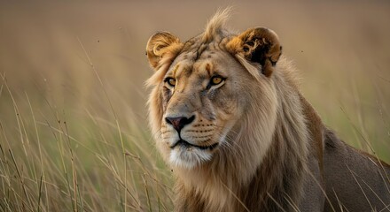 Fototapeta premium Lion, African lion, Male lion, Majestic African Lion in Tall Grass