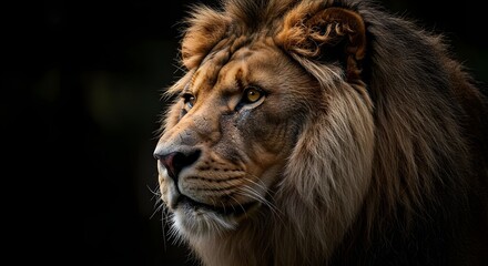 Lion, Male lion, African lion, Majestic Lion Profile Against Black Background