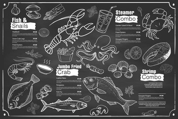 Restaurant menu featuring shrimp, fish, crab and calamari. Prepared in a hand-drawn concept.