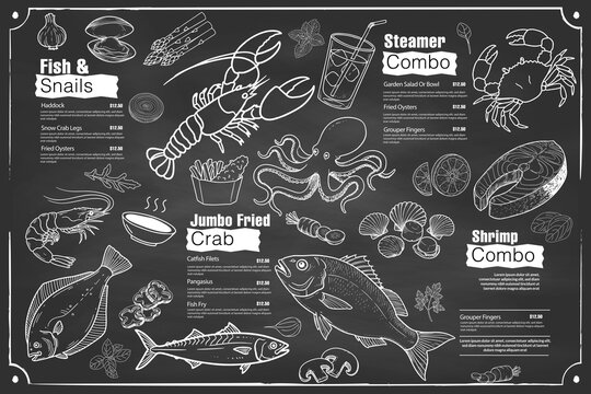 Restaurant menu featuring shrimp, fish, crab and calamari. Prepared in a hand-drawn concept.