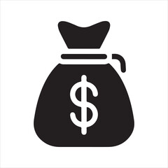 Money Bag Icon with Dollar Symbol in Black Silhouette Style