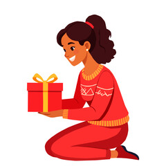 Smiling woman wearing a Christmas sweater holding a red gift with a yellow bow. Vector illustration in flat style on a white background, a concept of celebration and gift-giving.