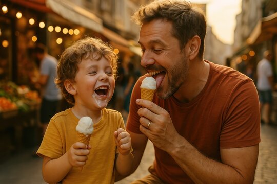 Father and son sharing ice cream cones and laughing together outdoors in warm urban setting with market lights