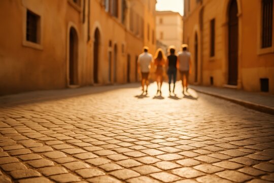 Four friends walking away down sunlit cobblestone alley with historic buildings, leisure and travel concept