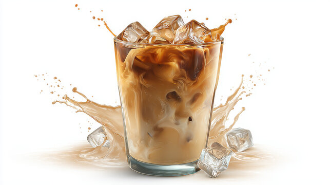 Iced Coffee Splash: A refreshing iced coffee with ice cubes is splashed and swirled, inviting viewers into a world of refreshing drink.