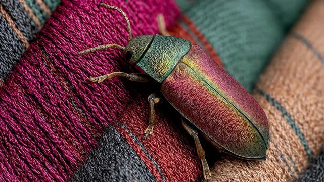 Iridescent Jewel Beetle on Textured Fabric
