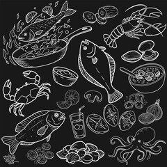 Hand-drawn menu with black background. Fish varieties, shrimps and mussels are carefully drawn.