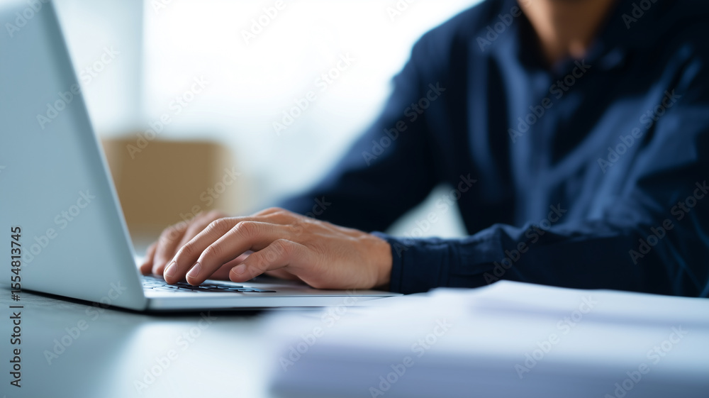 Poster professional working on laptop in office, analyzing data with focus and concentration, business envi
