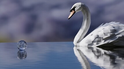 Graceful swan on tranquil water, crystal orb reflection