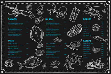 Seafood menu. Black background is highlighted with shrimp and crab drawings.