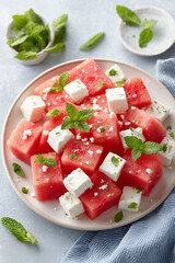 A plate of watermelon and feta cheese