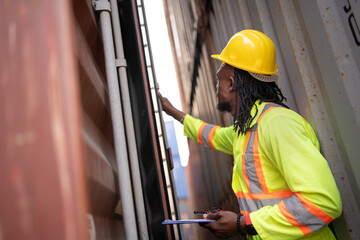 African worker working with use clipboard and walkie talkie checking container at container site	