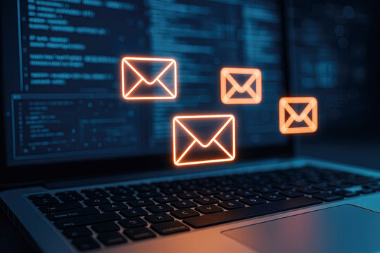 Glowing orange envelopes float above a laptop displaying code keyboard screen