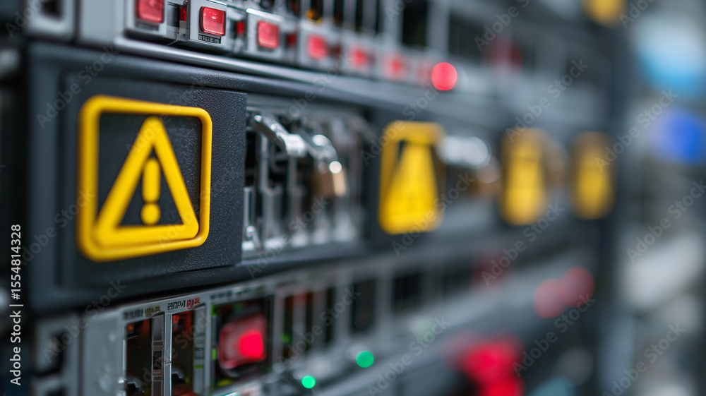 Aufkleber Server rack with warning sign security risk data center technology alert closeup cyber threat network