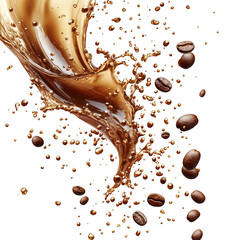 Fototapeta premium Milk Brown coffee liquid swirl splash and little bubbles with falling coffee Beans isolated on transparent png background, liquid fluid element flowing in form of wave
