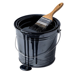 metal paint bucket with black paint dripping from brush on the rim on transparent background