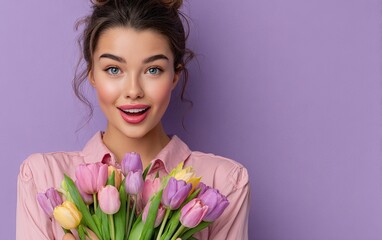 Fototapeta premium a beautiful woman holding a bouquet of tulips, looking at the camera and smiling, isolated on a purple background