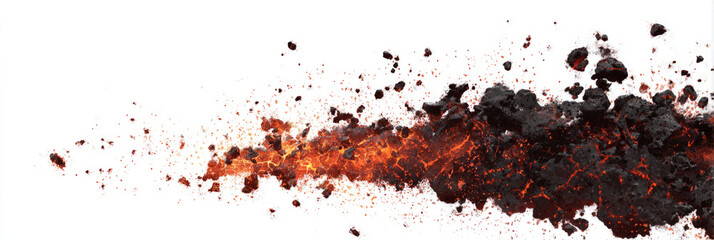 Molten lava burst with flying magma chunks minimal on white