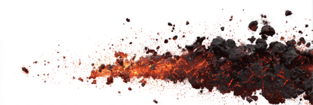 Molten lava burst with flying magma chunks minimal on white