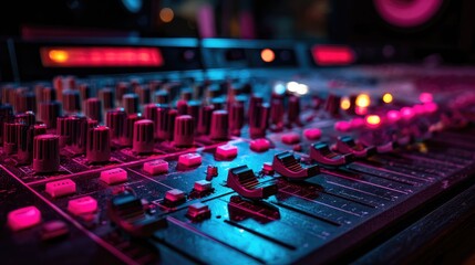 Close-up of a mixing console illuminated with pink and blue lights, creating a vibrant atmosphere in a recording studio Generative Ai