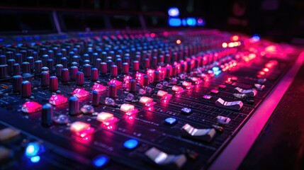 Close-up of a mixing console illuminated with pink and blue lights, creating a vibrant atmosphere in a recording studio Generative Ai