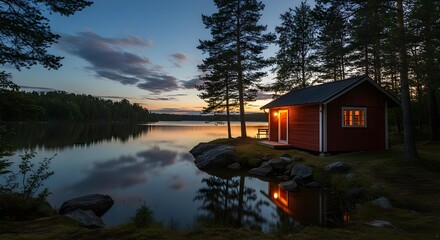 Fototapeta premium Cabin, Lake, Sunset, Lakeside Cabin at Sunset