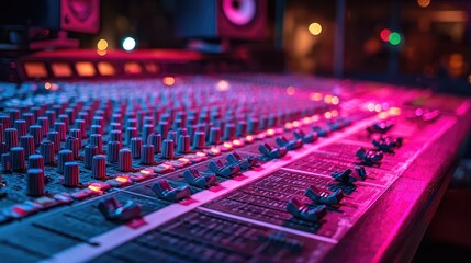 Close-up of a mixing console illuminated with pink and blue lights, creating a vibrant atmosphere in a recording studio Generative Ai