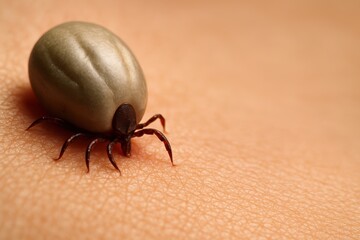 Closeup image of a bloated tick latched onto human skin, highlighting parasitism and health hazard in detail.