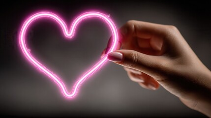 A woman's hand with long nails holds out an elegant heart-shaped neon light, glowing in a pink color with the inscription on it. The background is gray. Photorealistic photography.