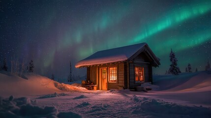 A tiny wooden cabin under a blanket of snow, its frosted windows glowing amber from within. The Northern Lights swirl in the sky above, casting emerald and violet reflections on.