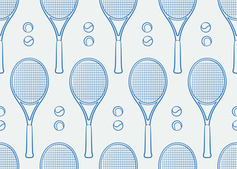 Seamless pattern of tennis equipment. Line art, ink, minimalist style. Vector illustration. Sport collection.