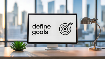 Modern office with computer screen showing "define goals" text and target icon

