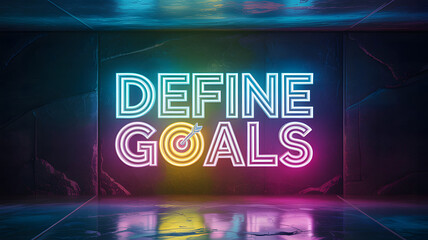Neon target and arrow with "DEFINE GOALS" text on dark reflective wall
