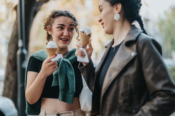 Two women happily eating ice cream while chatting and smiling outdoors in a lively environment. The casual atmosphere and their expressions convey a sense of joy and friendship.