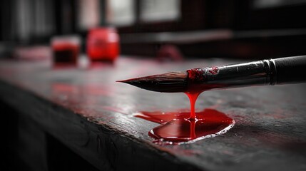 Real photo, a sable paintbrush dripping red fluid laying on an college art class desk, Ominous and eerie, high detail, gothic horror, unsettling atmosphere, high detail, gothic.