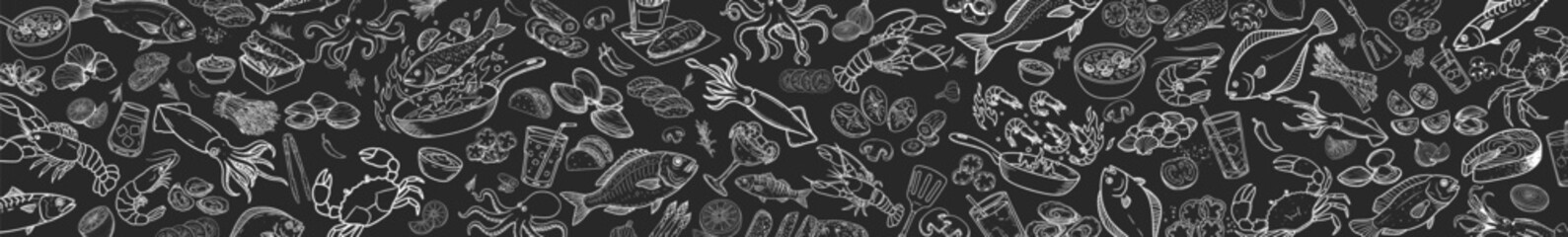 Illustrations of lobster and squid drawn with fresh fish and vegetables. Can be used in old-style menus.