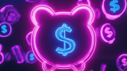 Neon Piggy Bank with Dollar Symbols Floating in a Glowing Scene