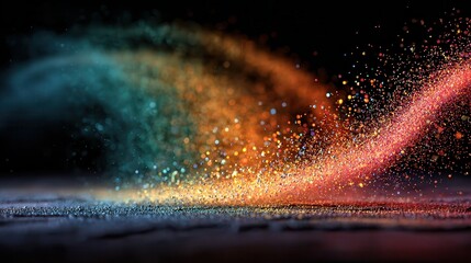 a spiral of rainbow colored dynamic dust on a black background, ultra-detailed dust particles, vivid colors, hyper-realistic.