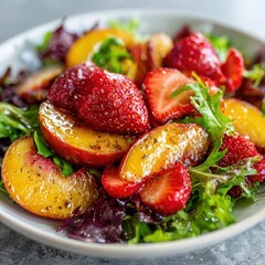 Strawberry and Peach Salad with Honey and Lemon Vinaigrette - Ingredients: Fresh strawberries, ripe peaches, mixed greens, honey, lemon juice, olive oil, salt, and pepper.