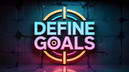 Neon crosshair design with "DEFINE GOALS" text on grunge wall background
