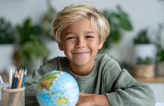 A happy child sitting at the table with school supplies and looking into the camera, smiling while holding up an Earth globe in front of him. - Powered by Adobe