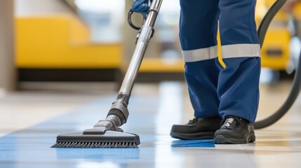 Professional Cleaning Crew Using Vacuum Equipment in Airport Terminal