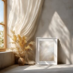 A cozy scene with blank white frame mockup on the wall, soft sunlight filtering through a sheer curtain, delicate plants surrounding the scene, and a peaceful, serene atmosphere.