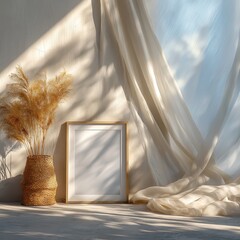 A cozy scene with blank white frame mockup on the wall, soft sunlight filtering through a sheer curtain, delicate plants surrounding the scene, and a peaceful, serene atmosphere.