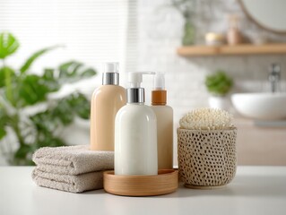 photo of creams and cosmetic bottles in bathroom, not many, look very nice, well organized.