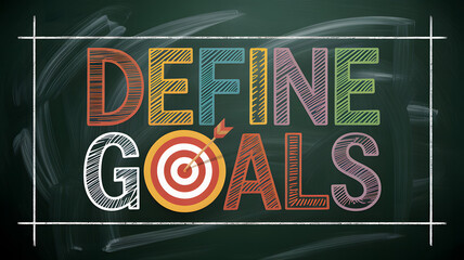 Chalkboard with colorful "DEFINE GOALS" text and target arrow illustration
