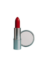 Obraz premium Vibrant red lipstick in a sleek silver and blue container, showcasing its glossy finish. Png, Transparent background.